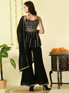 Myshka Women's Black Georgette Top & Palazzos With Dupatta Party Sets | Grocsy