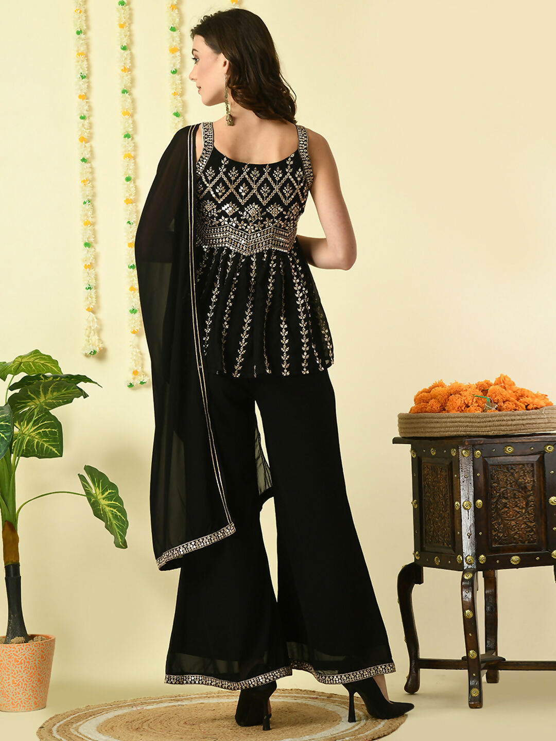 Myshka Women's Black Georgette Top & Palazzos With Dupatta Party Sets | Grocsy