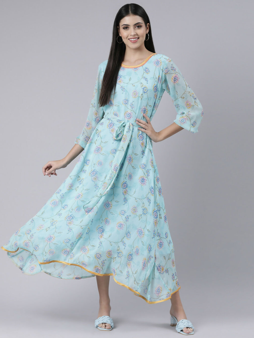 Souchii Blue Floral Chiffon Maxi Dress For Women – Souchii | Grocsy