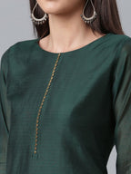 Ahalyaa Dark Green Chanderi Solid Kurta With Palazzo And Dupatta Set | Grocsy