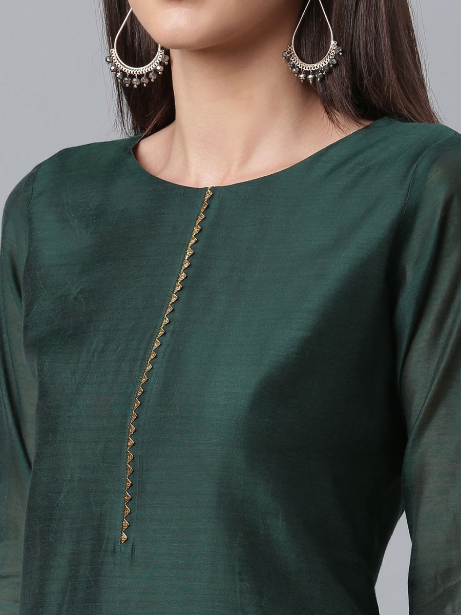Ahalyaa Dark Green Chanderi Solid Kurta With Palazzo And Dupatta Set | Grocsy