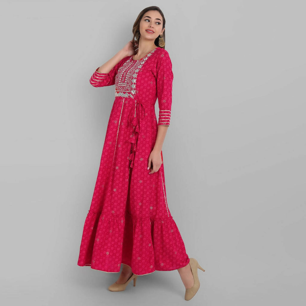Juniper Fuchsia Rayon Festive Wear Embroidered Tiered Long Dress | Grocsy