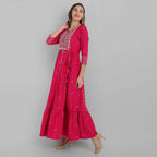 Juniper Fuchsia Rayon Festive Wear Embroidered Tiered Long Dress | Grocsy
