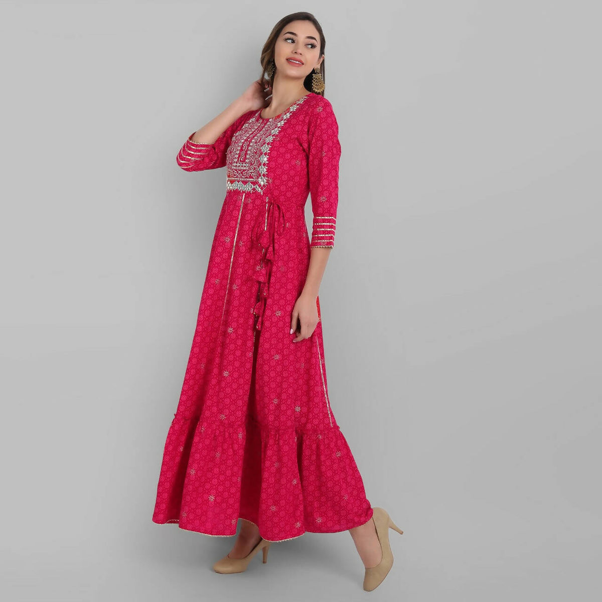 Juniper Fuchsia Rayon Festive Wear Embroidered Tiered Long Dress | Grocsy