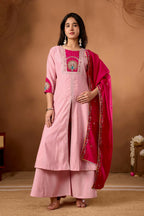 Lehenga Mart Designer Front-Slit Kurta, Paired With Wide-Leg Palazzo Pants And A Dupatta.-Rose Pink | Grocsy
