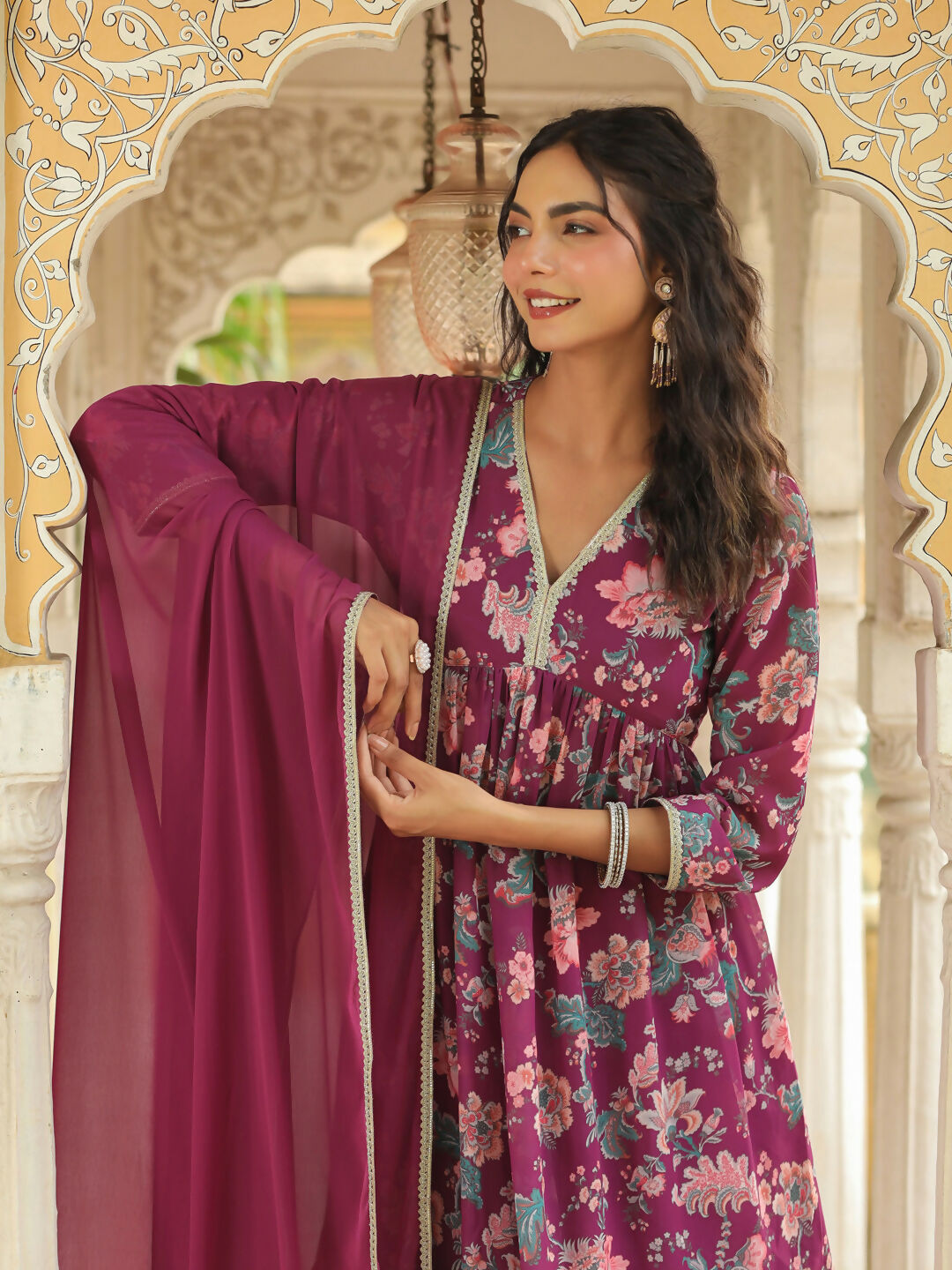Janasya Purple Georgette Floral Kurta,Bottom & Dupatta | Grocsy