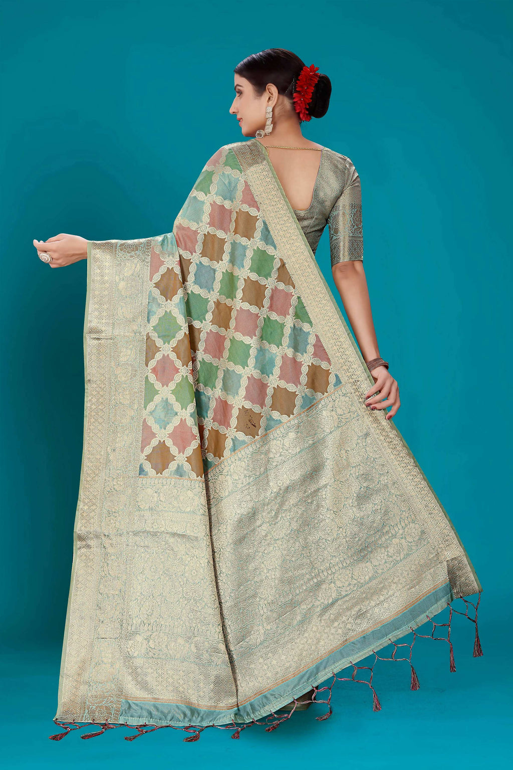 Sky Blue Soft Organza Woven Design Saree with Unstitched Blouse Piece - Zaara | Grocsy
