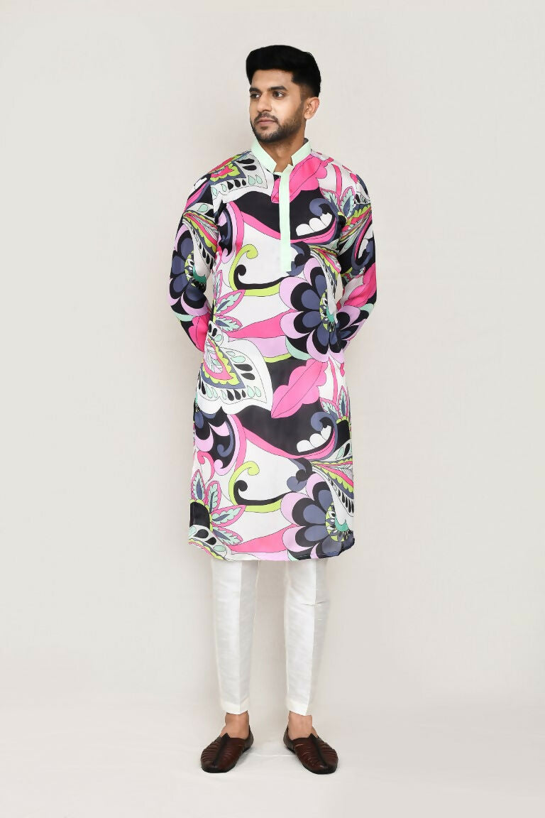 Joban Fashion Printed Colored Satin Silk Fabric Kurta With Straight Fit Pant | Grocsy