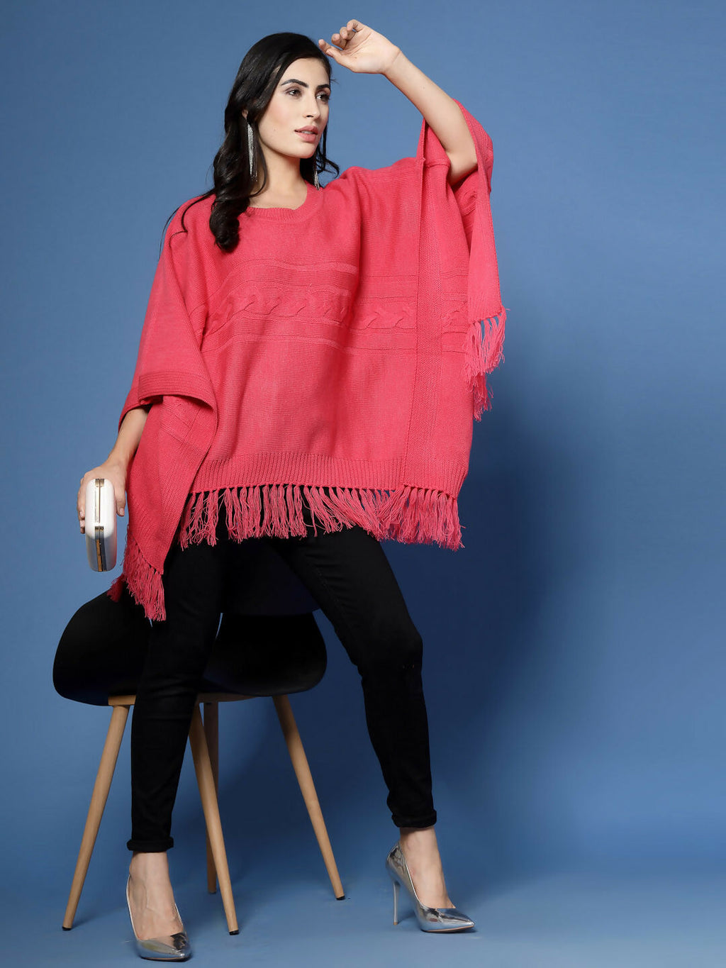 Women Fuchsia Acrylic Self Design Poncho - Wool Trees | Grocsy