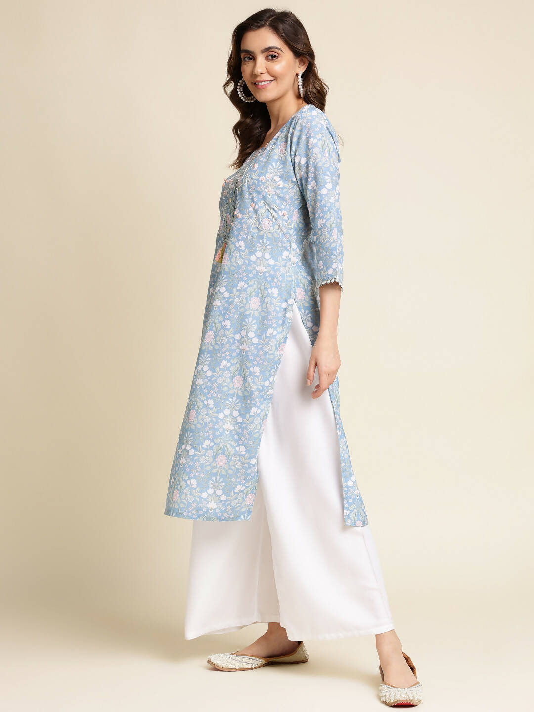 Blue Linen Floral Printed Straight Fit Kurta - Prasuti | Grocsy