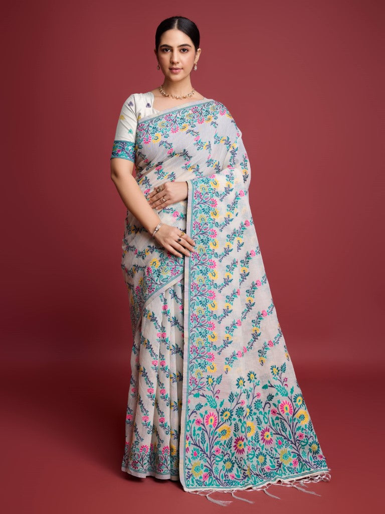 Vedant Vastram Dhakai Jamdani Cotton Saree - Green | Grocsy