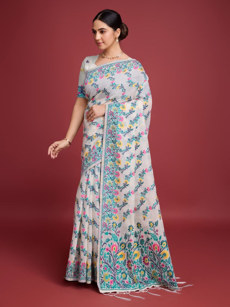 Vedant Vastram Dhakai Jamdani Cotton Saree - Green | Grocsy