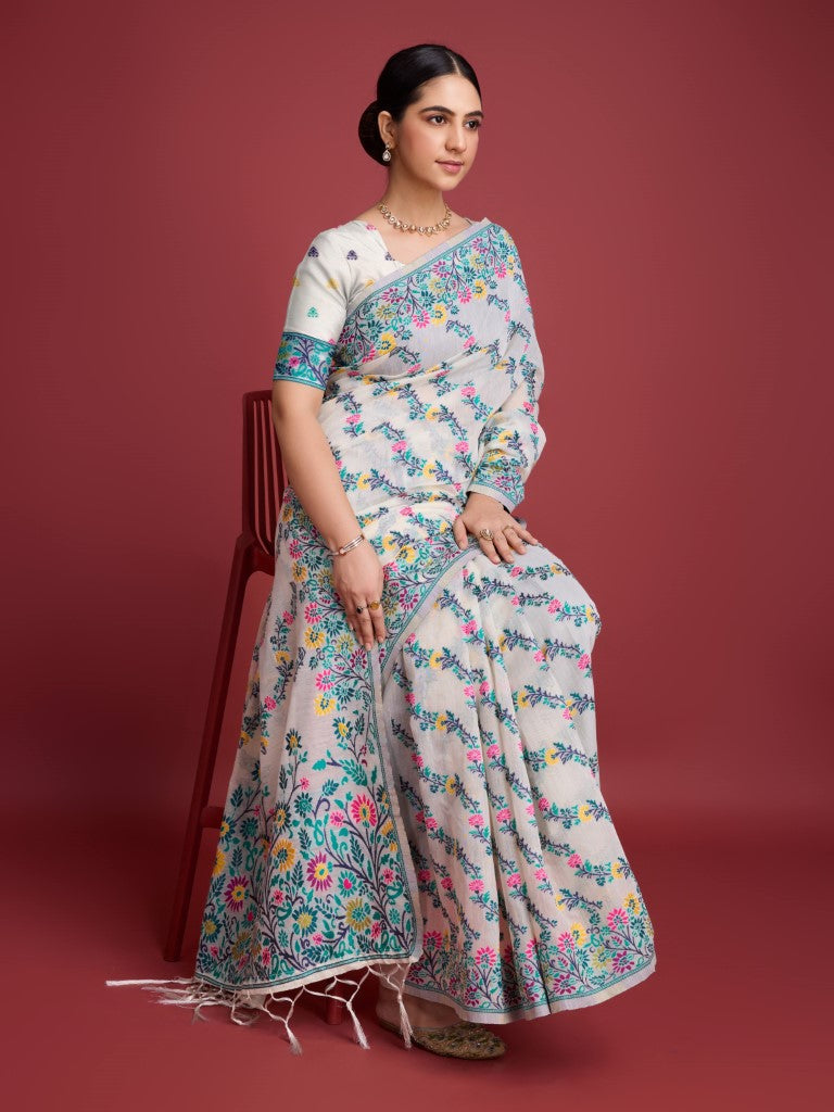 Vedant Vastram Dhakai Jamdani Cotton Saree - Green | Grocsy