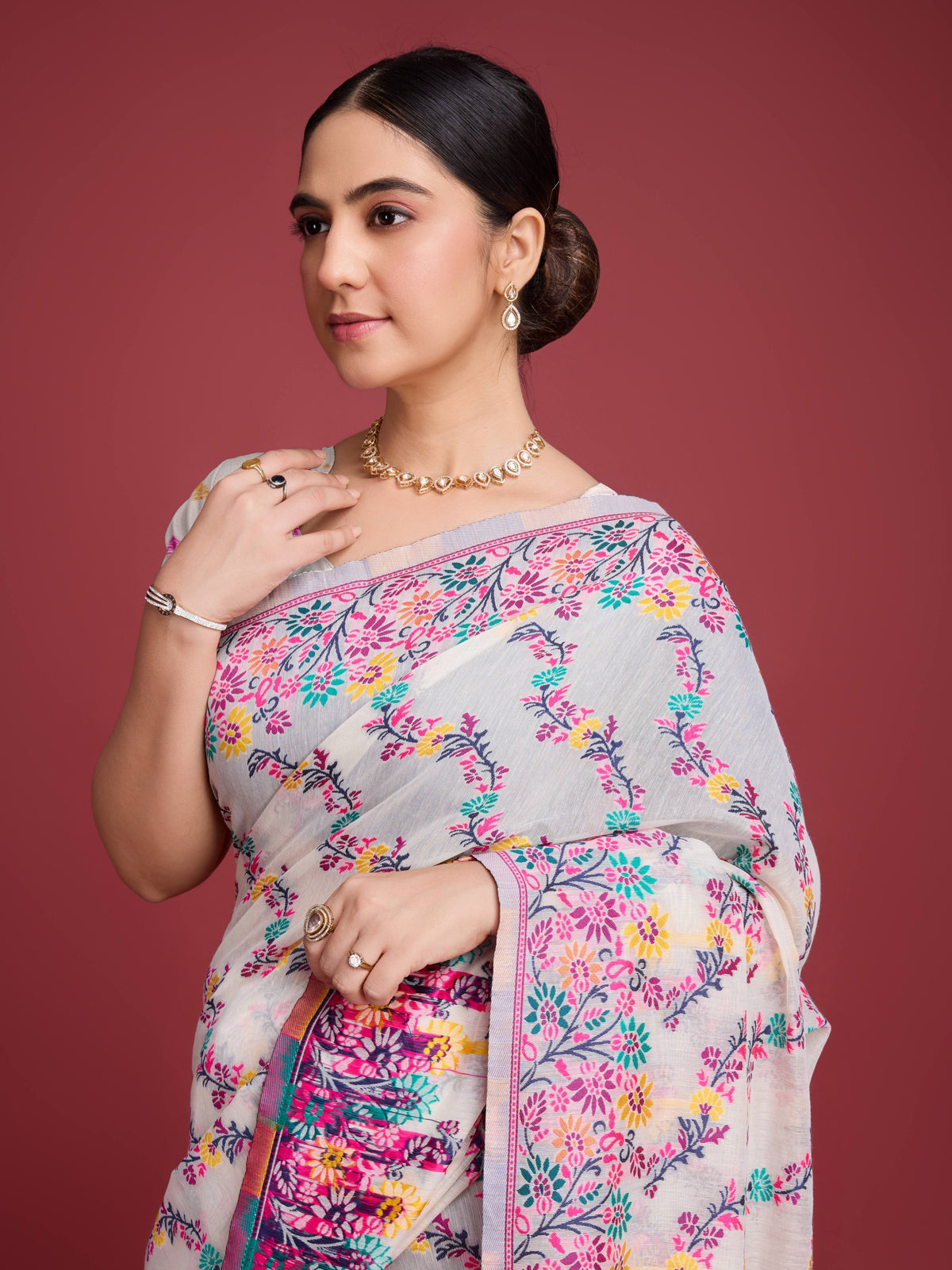 Vedant Vastram Dhakai Jamdani Cotton Saree - Pink | Grocsy