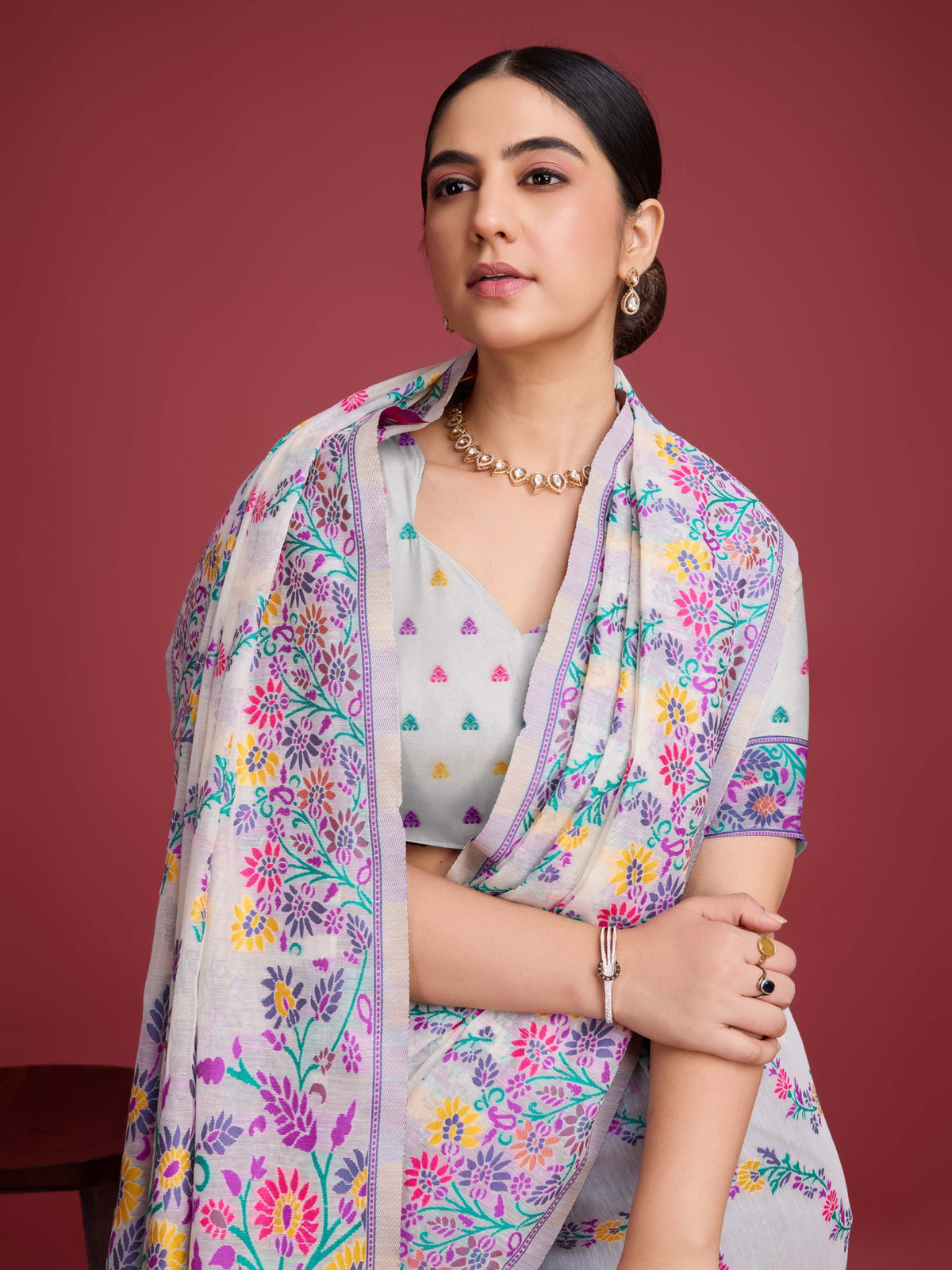 Vedant Vastram Dhakai Jamdani Cotton Saree - Purple | Grocsy