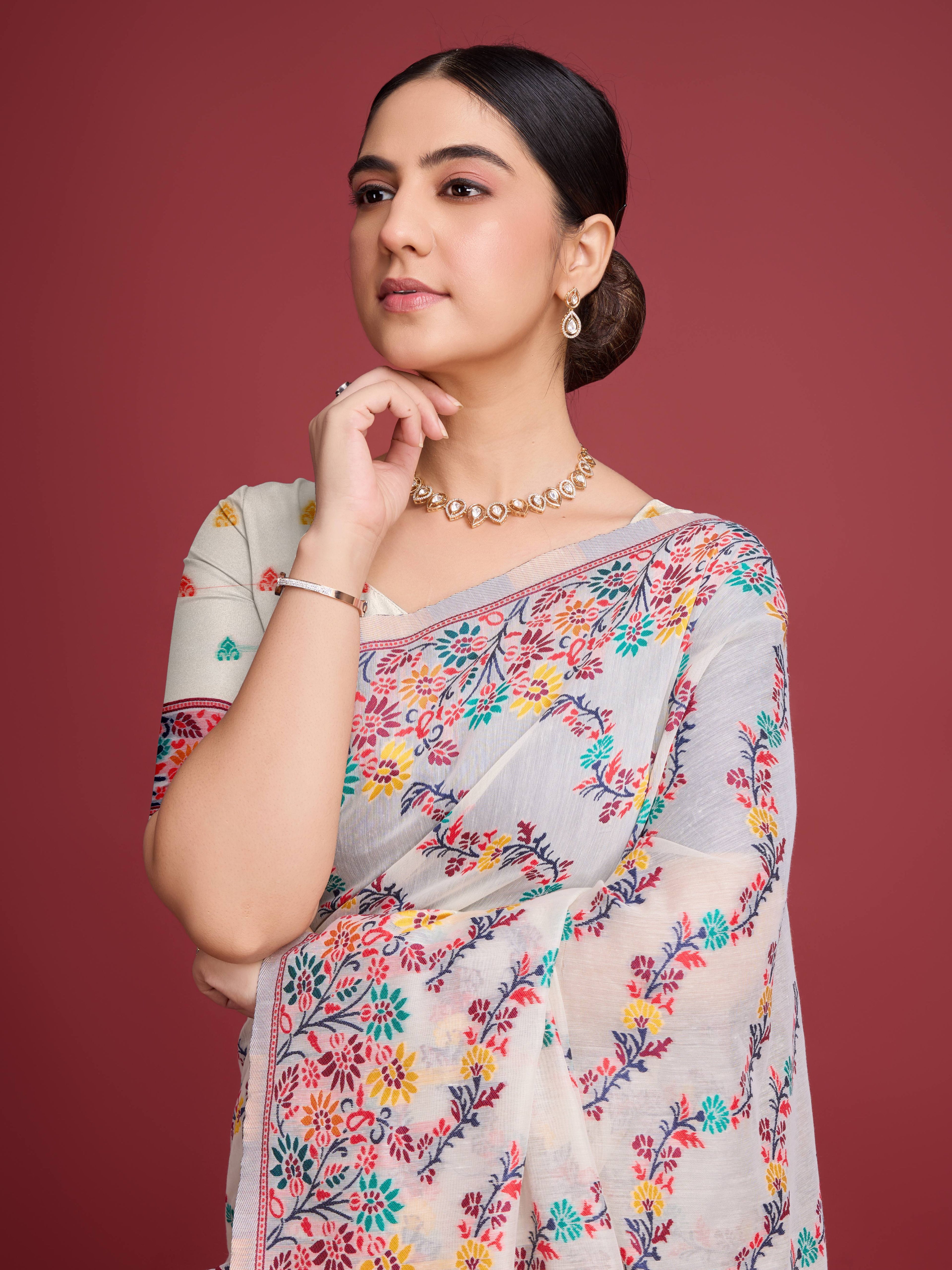 Vedant Vastram Dhakai Jamdani Cotton Saree - Red | Grocsy