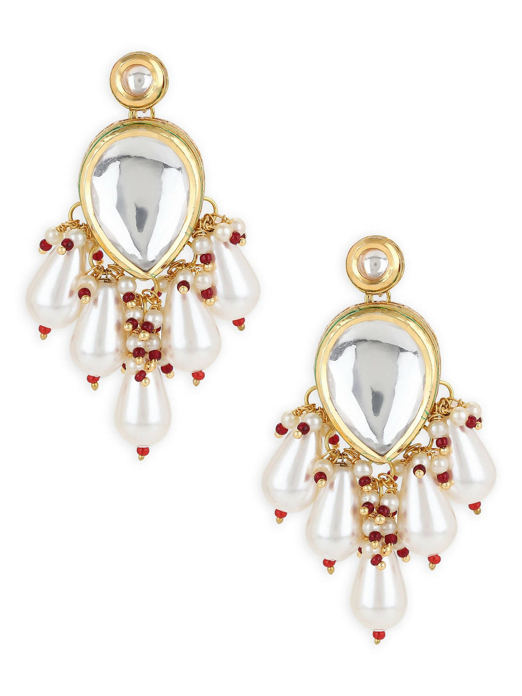 Gold-Toned White Kundan Contemporary Gold-Polished Drop Earrings - Ruby Raang | Grocsy