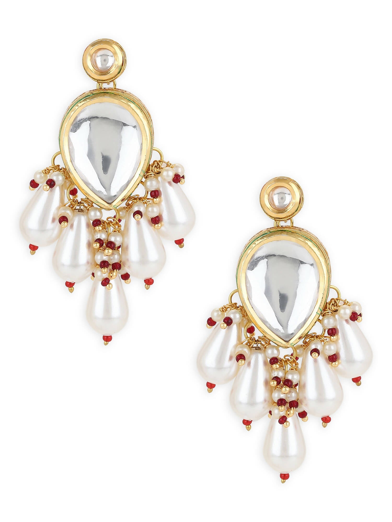 Gold-Toned White Kundan Contemporary Gold-Polished Drop Earrings - Ruby Raang | Grocsy