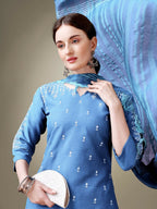 Jyoti Fashion Women's Sky Blue Cotton Blend Embroidery & Sequence work Kurta with Trouser & Dupatta | Grocsy