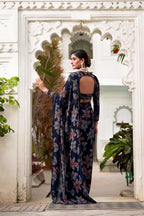 Vastranavya Navy Blue Lurex Brasso Floral Printed Saree with Unstitched Blouse | Grocsy