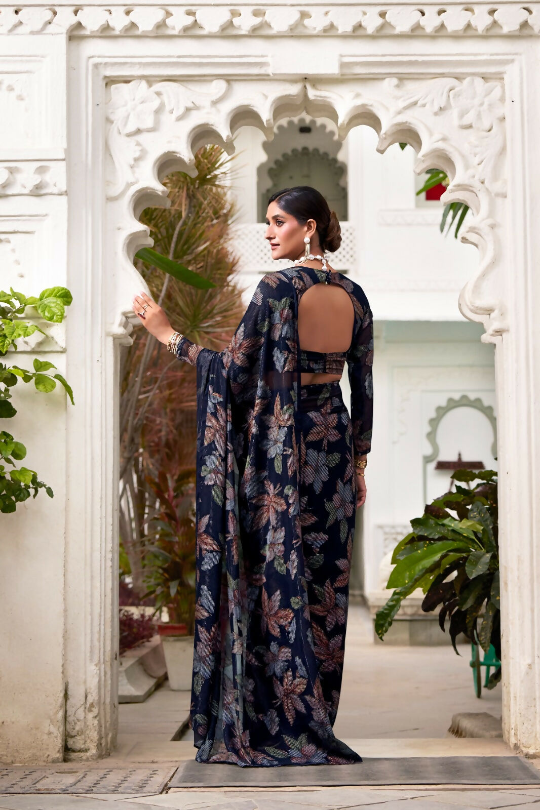 Vastranavya Navy Blue Lurex Brasso Floral Printed Saree with Unstitched Blouse | Grocsy