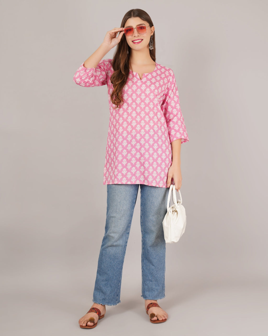Jaitra Apparels Women Printed Pure Cotton Straight Kurta (Pink) | Grocsy
