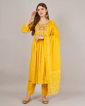 Jaitra Apparels Mustard Yellow Embroidered Pure Cotton Fabric Kurta Set With Dupatta | Grocsy