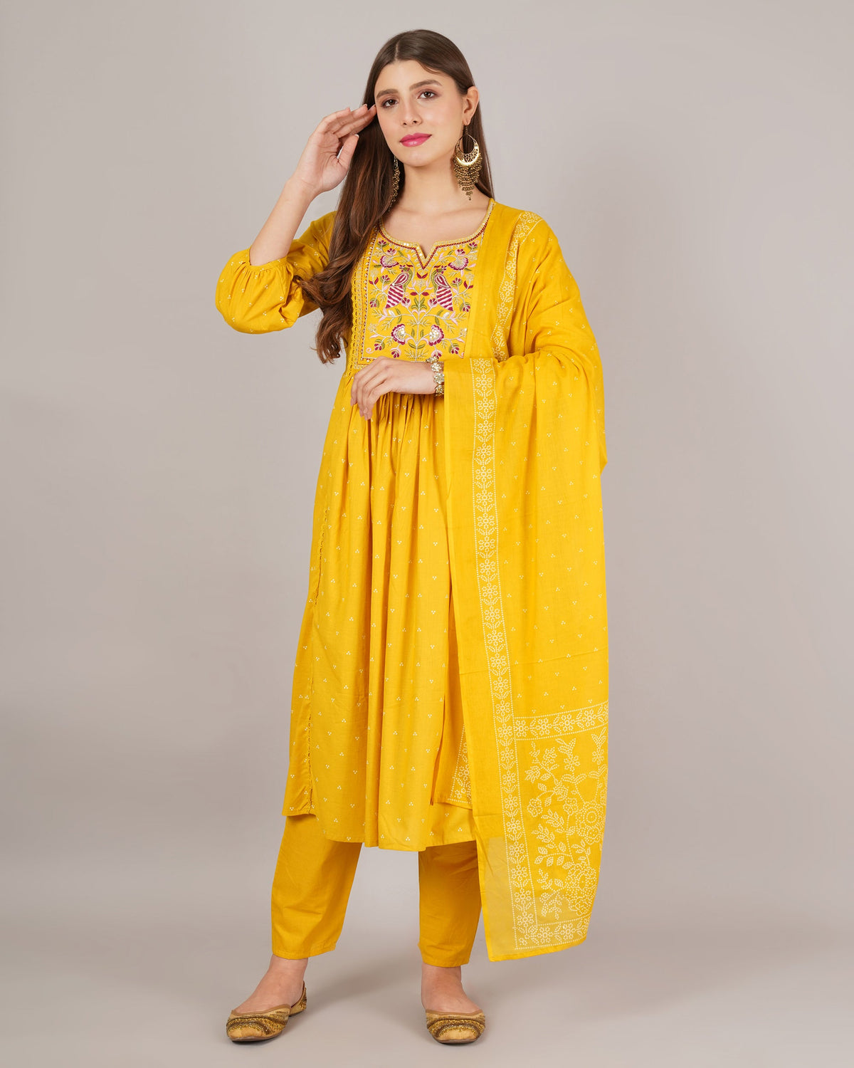 Jaitra Apparels Mustard Yellow Embroidered Pure Cotton Fabric Kurta Set With Dupatta | Grocsy