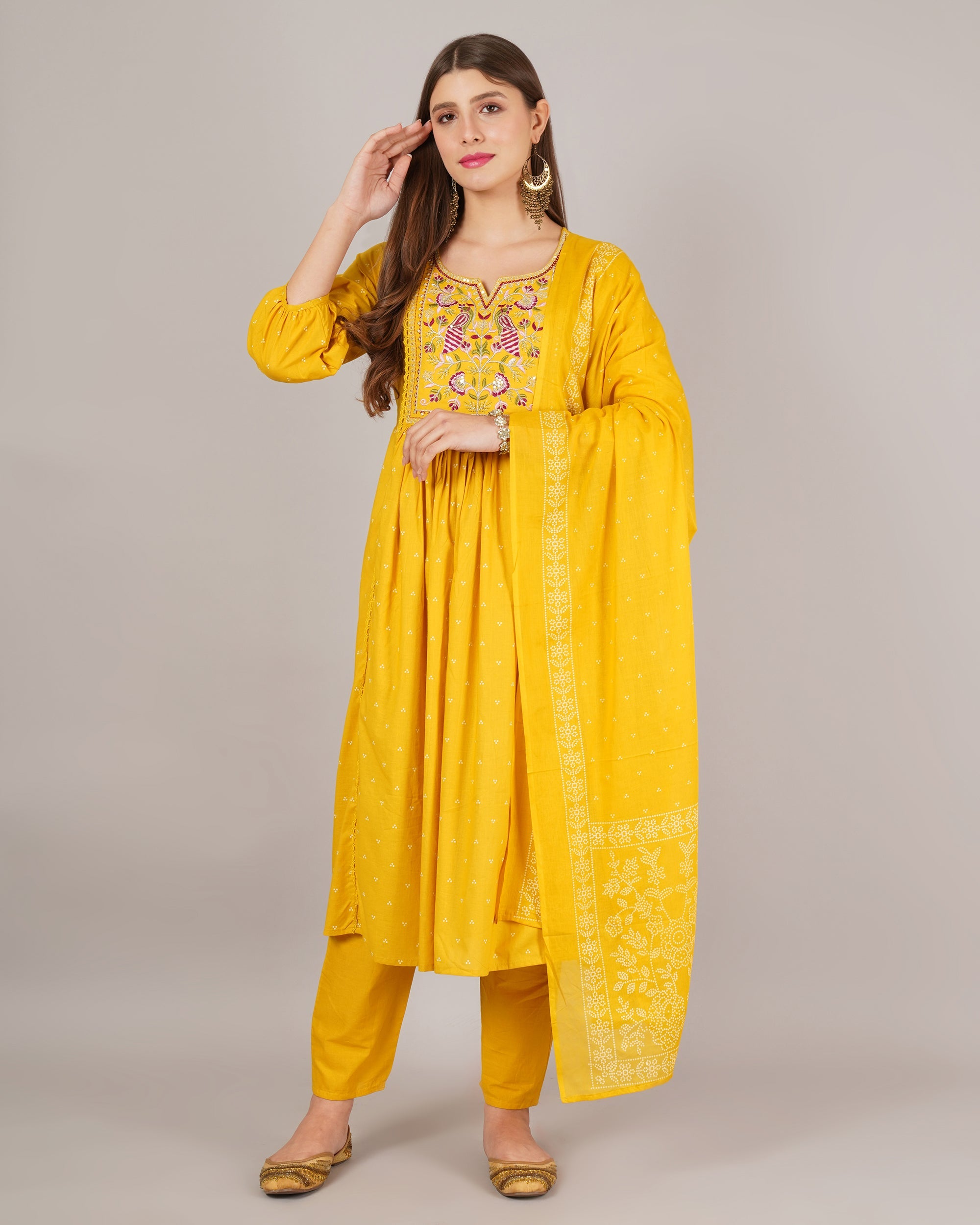 Jaitra Apparels Mustard Yellow Embroidered Pure Cotton Fabric Kurta Set With Dupatta | Grocsy