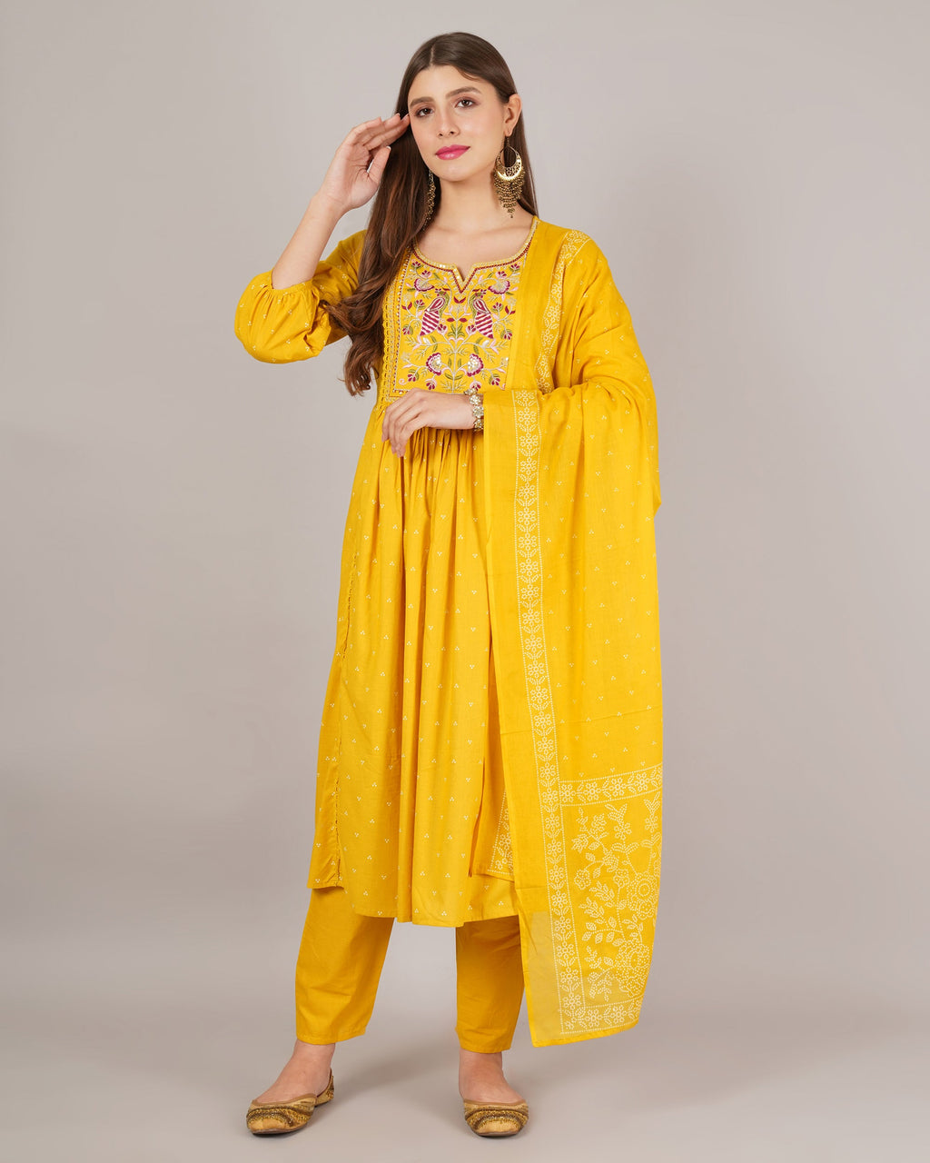 Jaitra Apparels Mustard Yellow Embroidered Pure Cotton Fabric Kurta Set With Dupatta | Grocsy