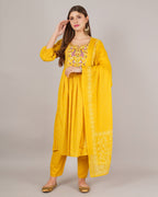 Jaitra Apparels Mustard Yellow Embroidered Pure Cotton Fabric Kurta Set With Dupatta | Grocsy
