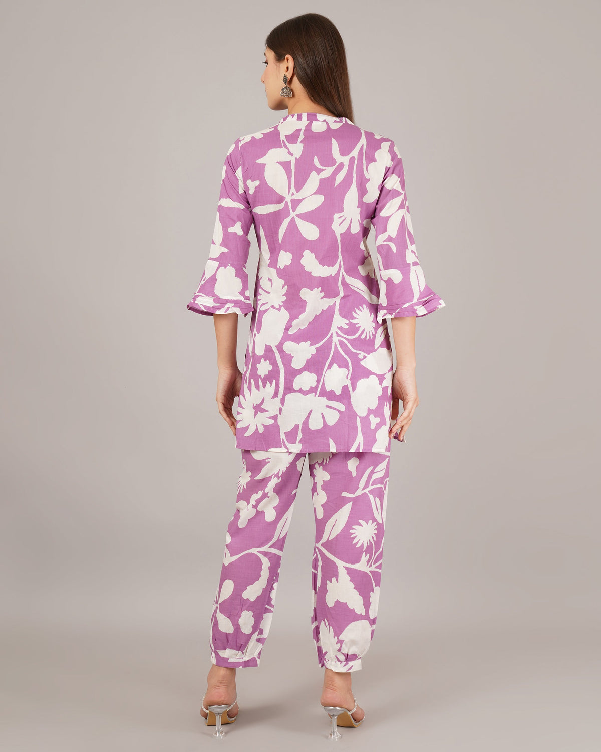 Jaitra Apparels White And Purple Printed Premium Pure Cotton Co-Ord Set For Women | Grocsy