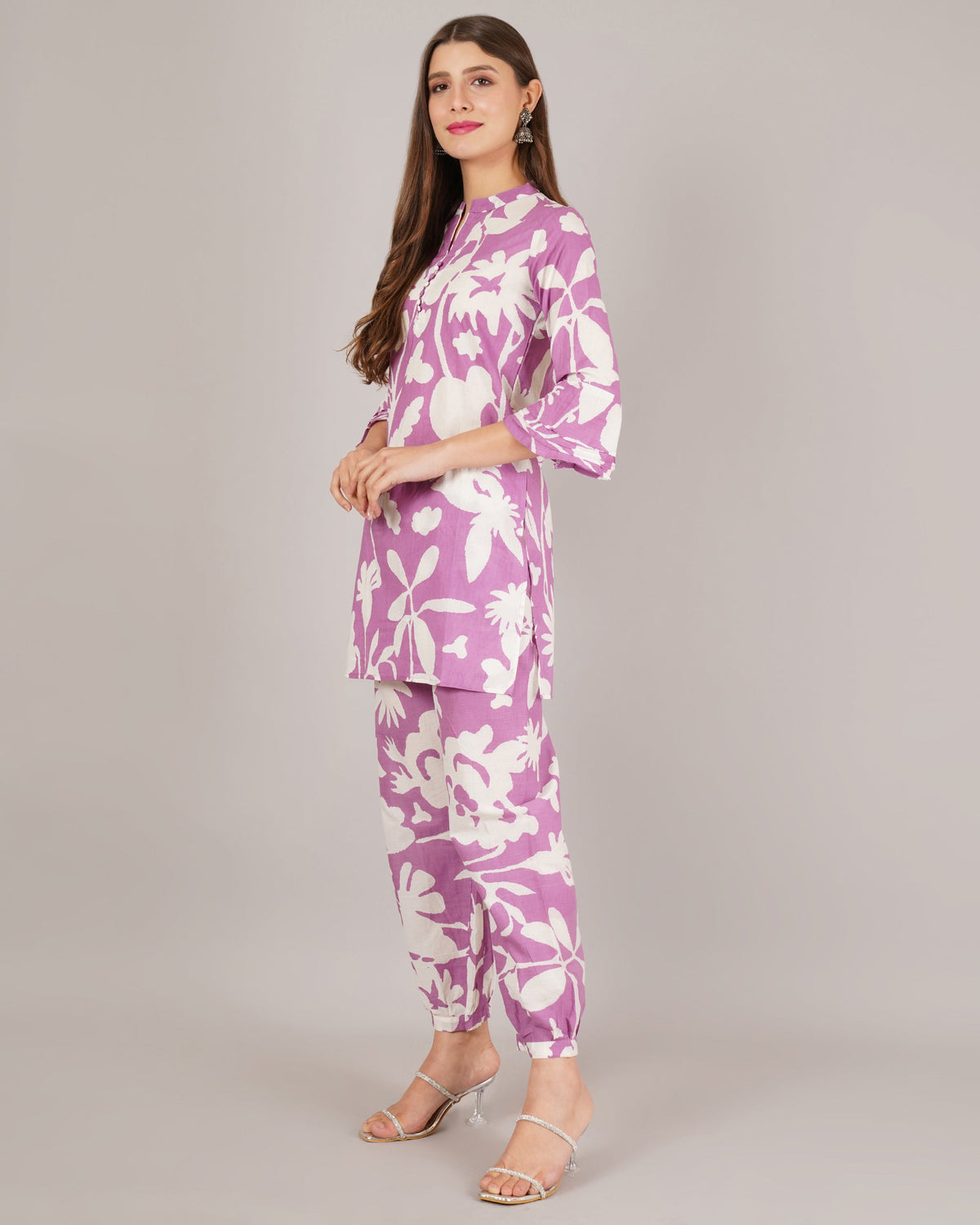 Jaitra Apparels White And Purple Printed Premium Pure Cotton Co-Ord Set For Women | Grocsy