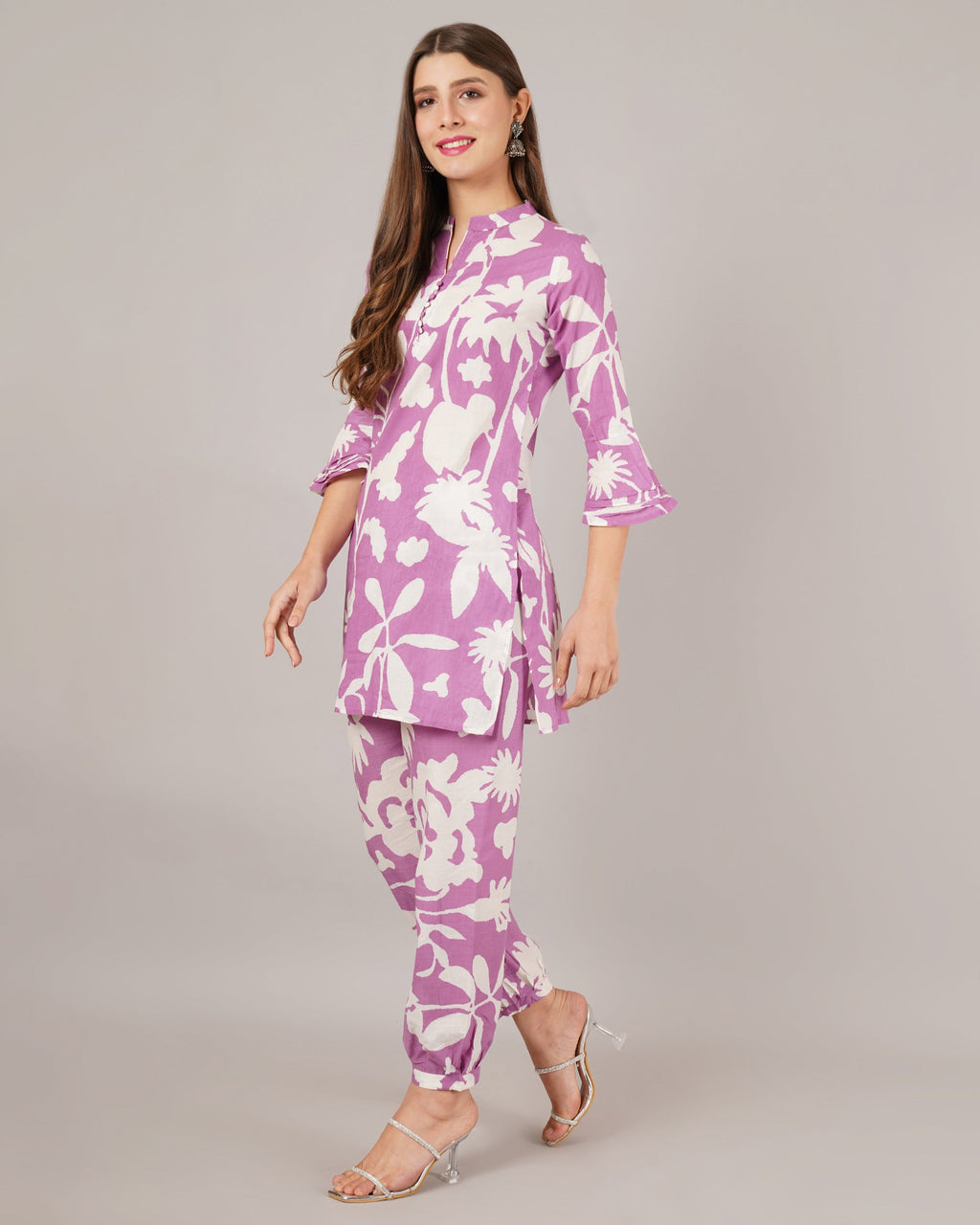 Jaitra Apparels White And Purple Printed Premium Pure Cotton Co-Ord Set For Women | Grocsy