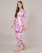 Jaitra Apparels White And Purple Printed Premium Pure Cotton Co-Ord Set For Women | Grocsy