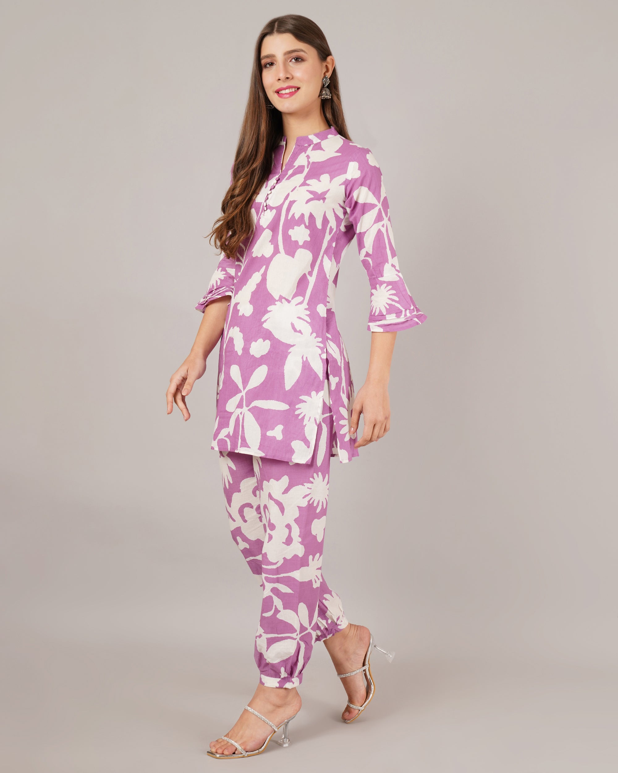 Jaitra Apparels White And Purple Printed Premium Pure Cotton Co-Ord Set For Women | Grocsy