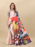 Vedant Vastram Digital Print Japan Satin Silk Party Wear Saree with Unstitched Blouse Piece - Multi Color | Grocsy