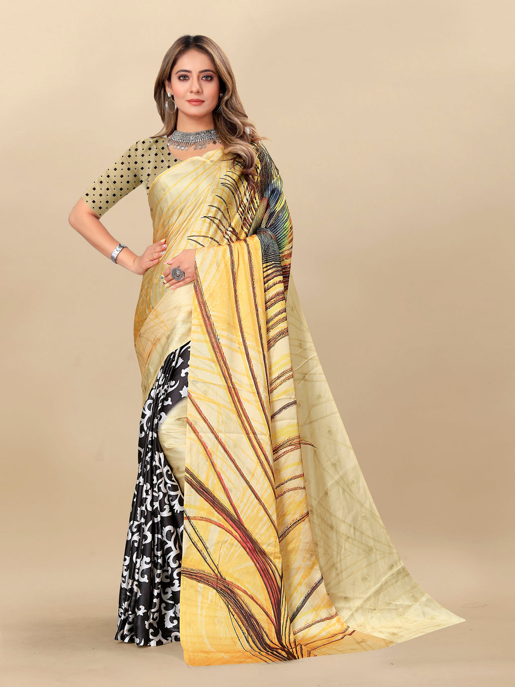 Vedant Vastram Digital Print Japan Satin Silk Party Wear Saree with Unstitched Blouse Piece - Golden | Grocsy