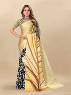 Vedant Vastram Digital Print Japan Satin Silk Party Wear Saree with Unstitched Blouse Piece - Golden | Grocsy