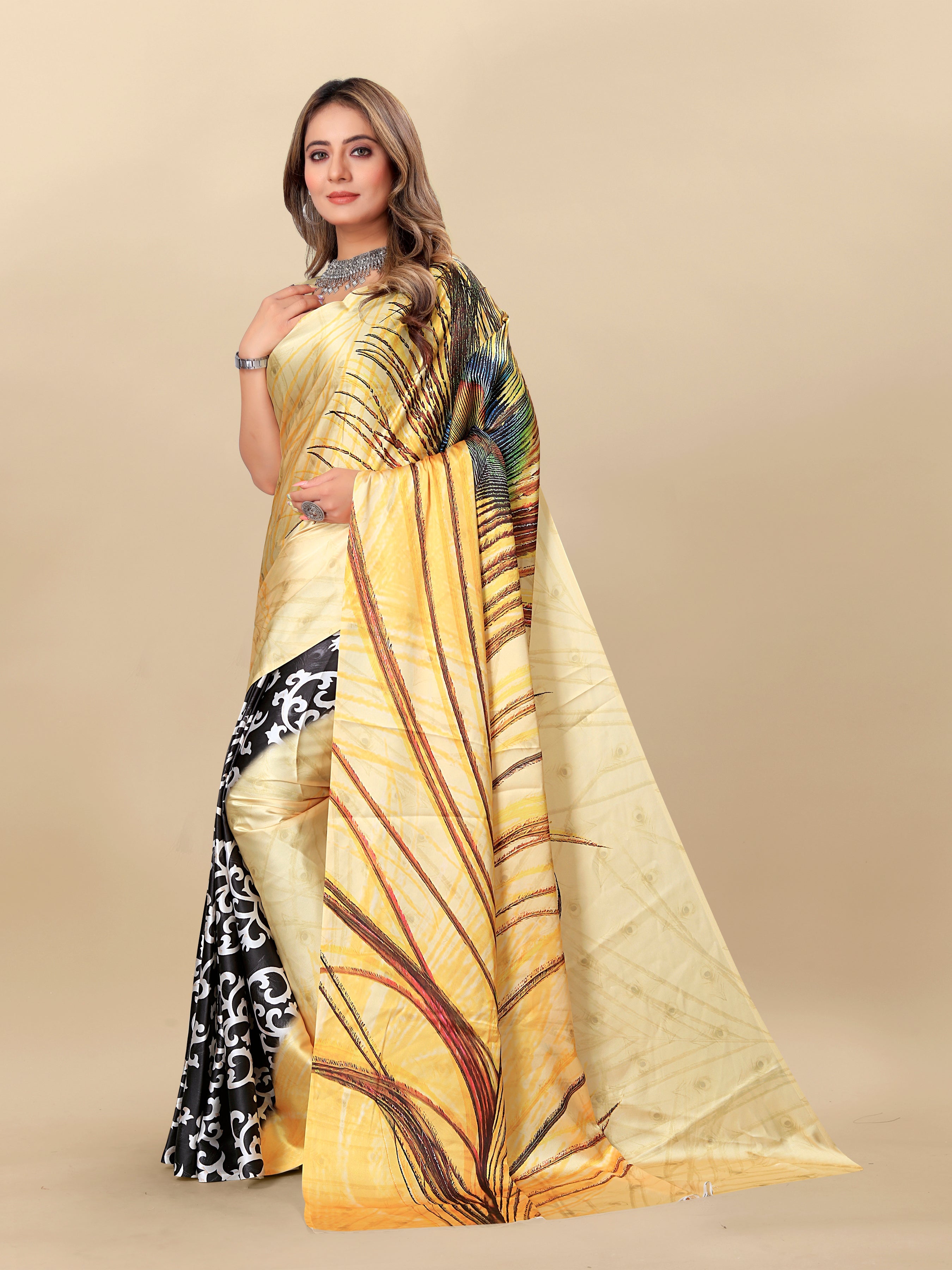 Vedant Vastram Digital Print Japan Satin Silk Party Wear Saree with Unstitched Blouse Piece - Golden | Grocsy