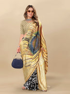 Vedant Vastram Digital Print Japan Satin Silk Party Wear Saree with Unstitched Blouse Piece - Golden | Grocsy