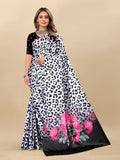 Vedant Vastram Digital Print Japan Satin Silk Party Wear Saree with Unstitched Blouse Piece - White | Grocsy