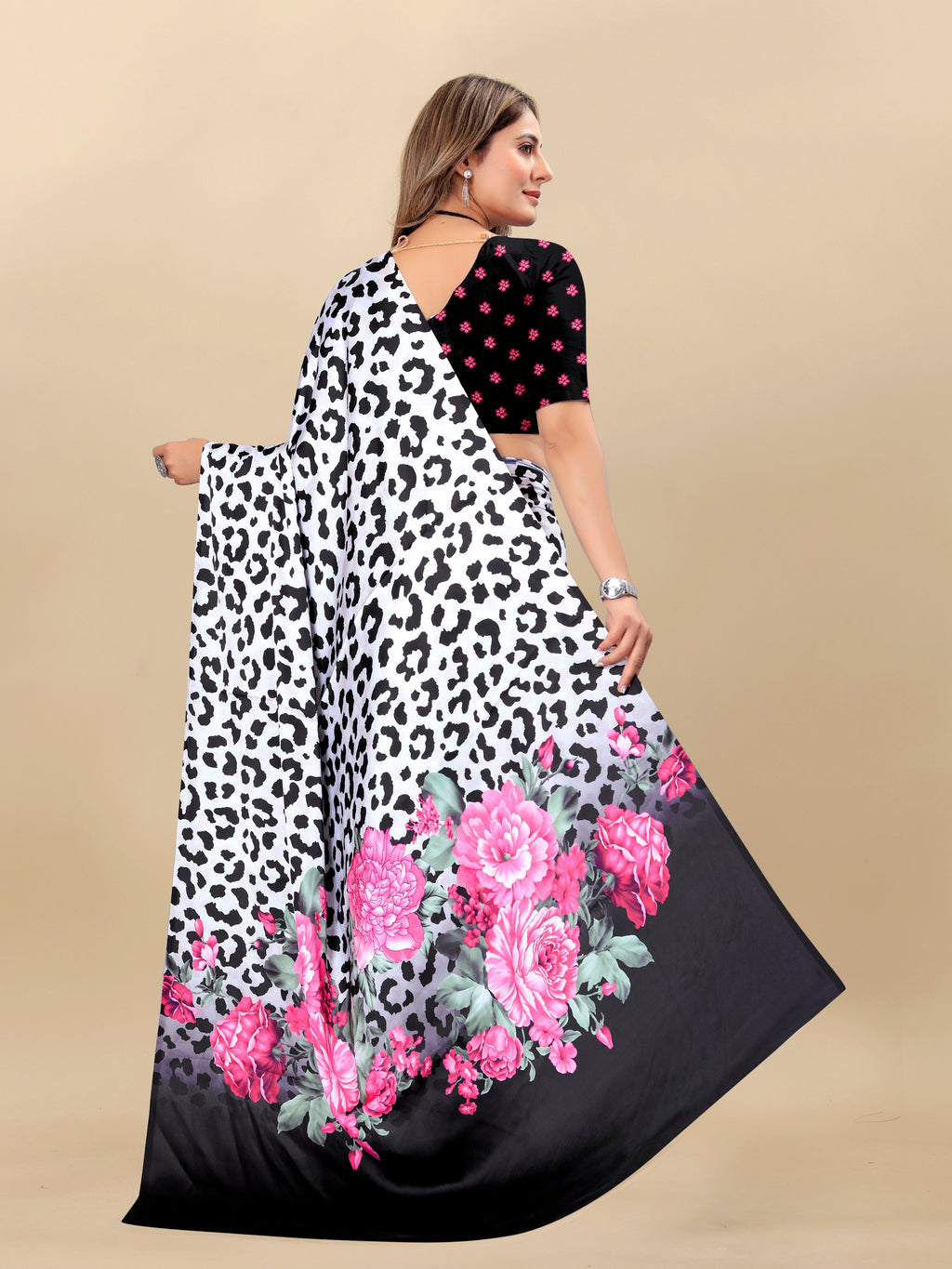 Vedant Vastram Digital Print Japan Satin Silk Party Wear Saree with Unstitched Blouse Piece - White | Grocsy
