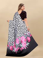 Vedant Vastram Digital Print Japan Satin Silk Party Wear Saree with Unstitched Blouse Piece - White | Grocsy
