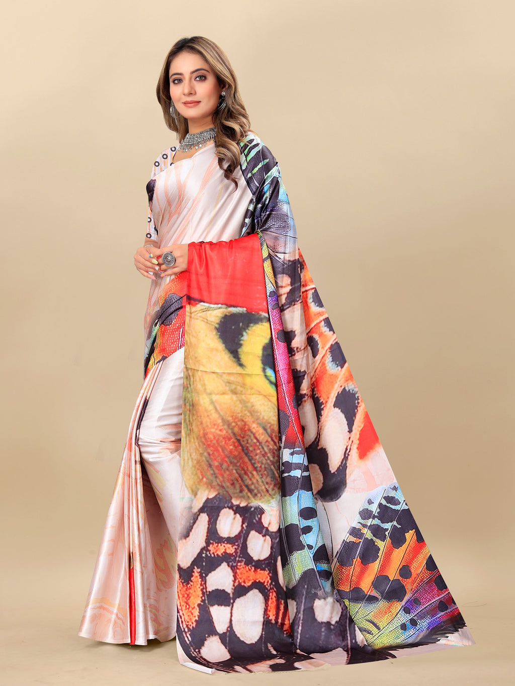 Vedant Vastram Digital Print Japan Satin Silk Party Wear Saree with Unstitched Blouse Piece - Multi Color | Grocsy