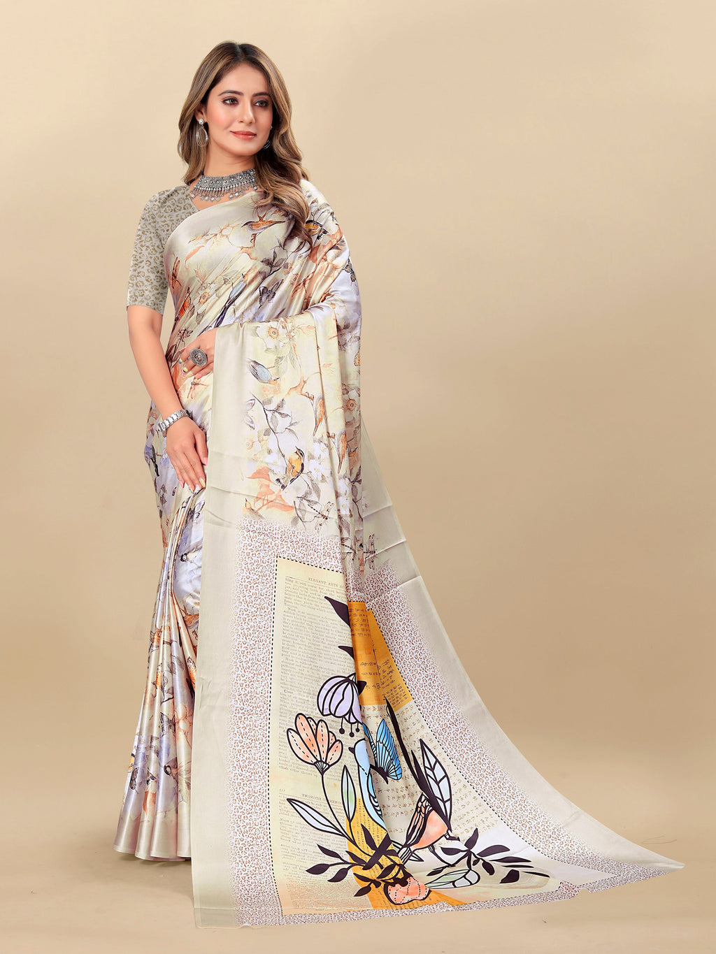 Vedant Vastram Digital Print Japan Satin Silk Party Wear Saree with Unstitched Blouse Piece - Cream | Grocsy