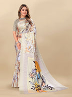 Vedant Vastram Digital Print Japan Satin Silk Party Wear Saree with Unstitched Blouse Piece - Cream | Grocsy