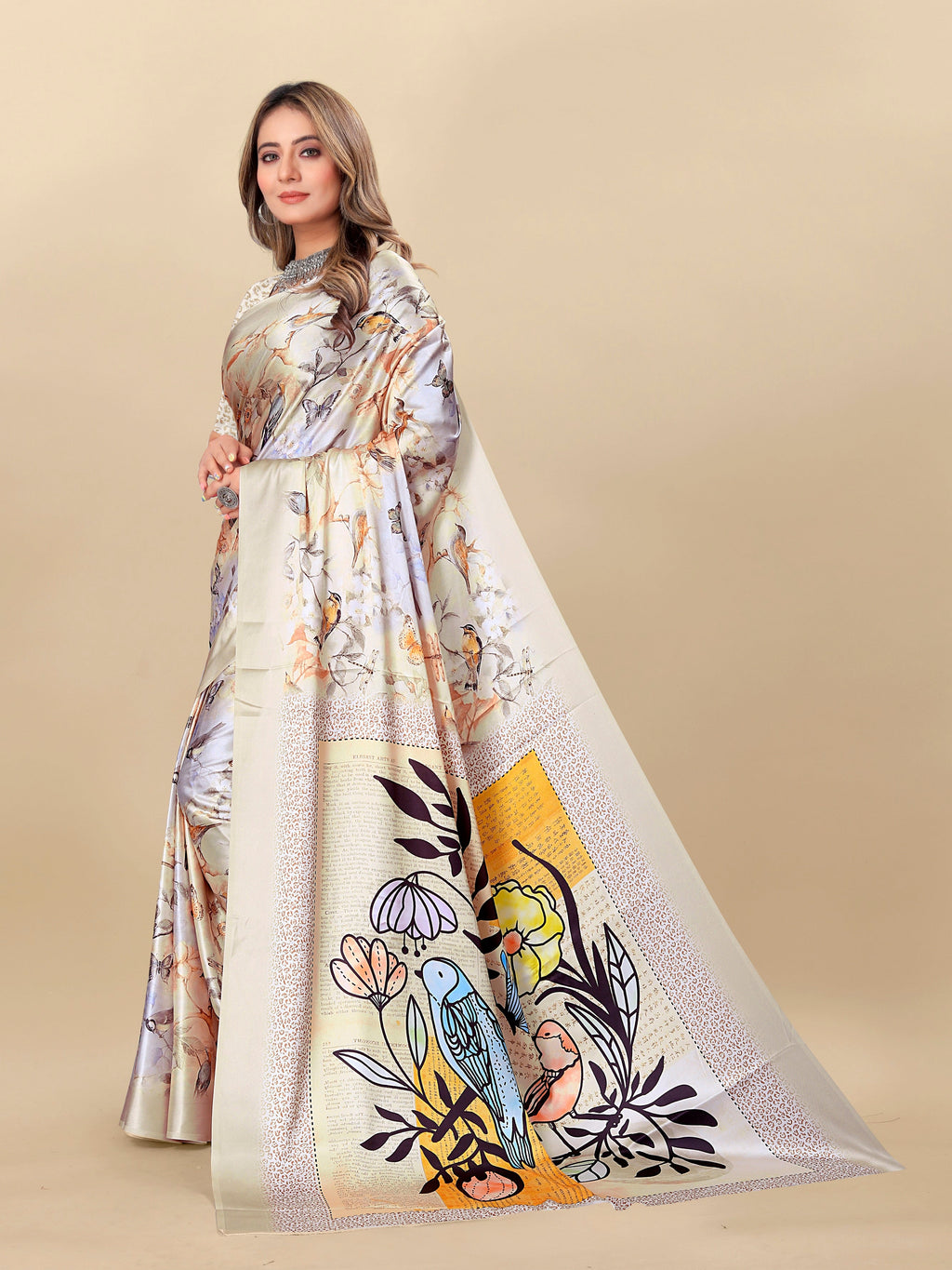 Vedant Vastram Digital Print Japan Satin Silk Party Wear Saree with Unstitched Blouse Piece - Cream | Grocsy