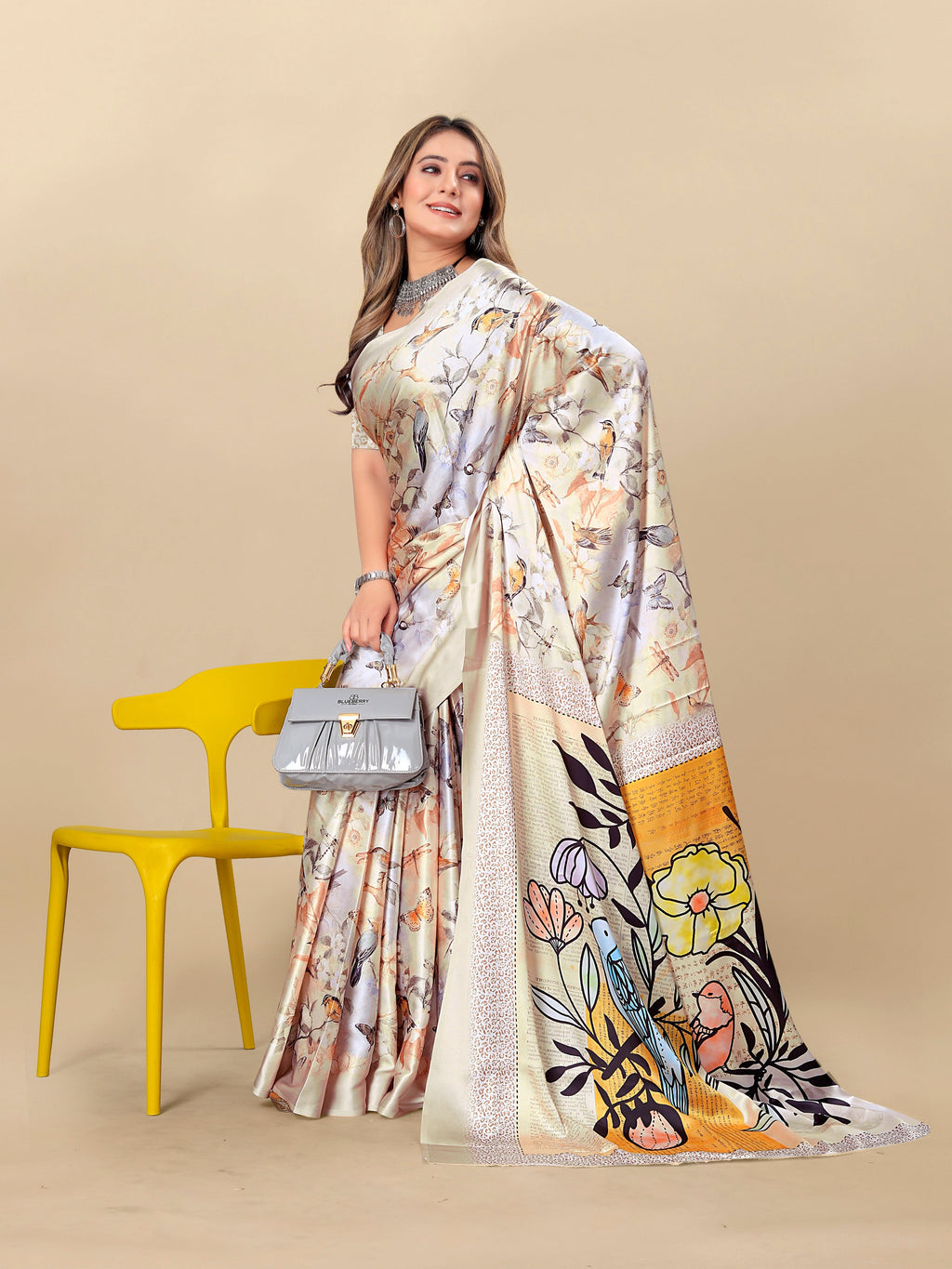 Vedant Vastram Digital Print Japan Satin Silk Party Wear Saree with Unstitched Blouse Piece - Cream | Grocsy