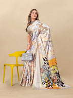 Vedant Vastram Digital Print Japan Satin Silk Party Wear Saree with Unstitched Blouse Piece - Cream | Grocsy